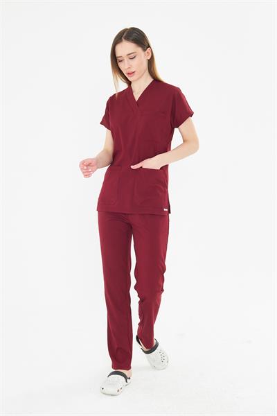 Bordo Greys Likralı Scrubs Takım