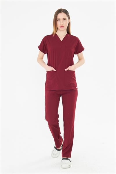 Bordo Greys Likralı Scrubs Takım