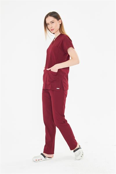 Bordo Greys Likralı Scrubs Takım