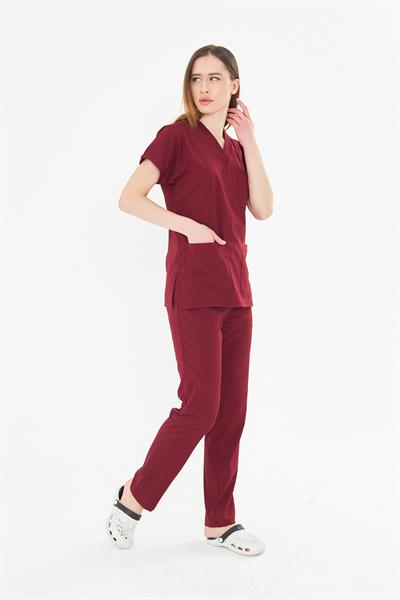 Bordo Greys Likralı Scrubs Takım