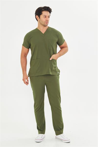 Haki Yeşili Likralı Greys Scrubs Takım