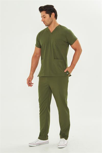Haki Yeşili Likralı Greys Scrubs Takım