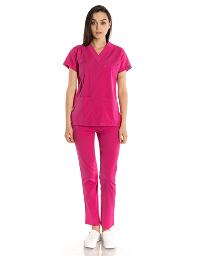 Fuşya Likralı Greys Tek Üst Scrubs