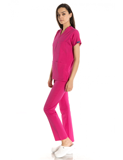 Fuşya Likralı Greys Tek Üst Scrubs
