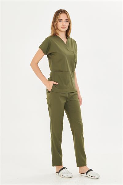 Haki Yeşil Likralı Greys Scrubs Takım