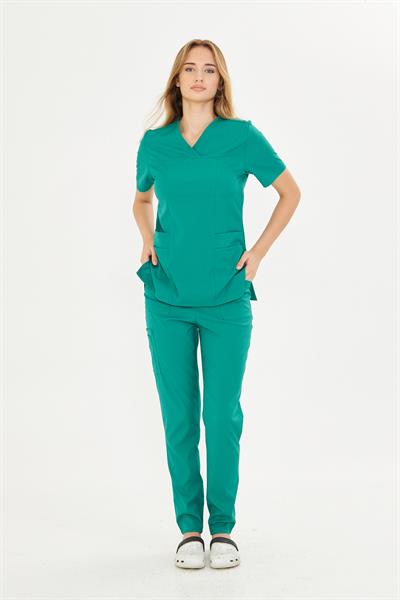 Koyu Yeşil Lyra Likralı Premium Scrubs Takım