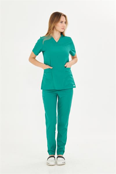 Koyu Yeşil Lyra Likralı Premium Scrubs Takım