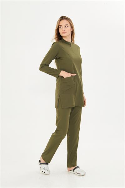 Haki Yeşil Likralı Tesettür Scrups Takım