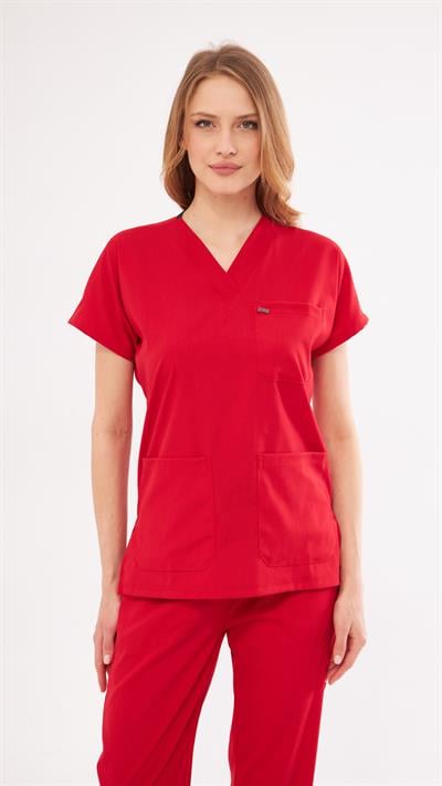 Kırmızı Greys Likralı Scrubs Takım 