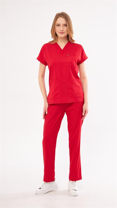 Kırmızı Greys Likralı Scrubs Takım 