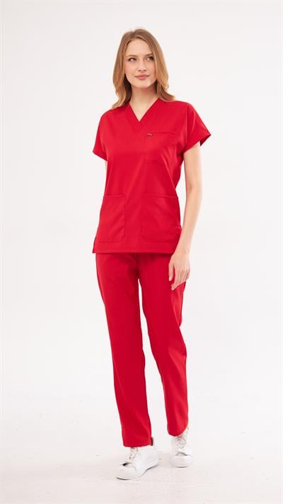 Kırmızı Greys Likralı Scrubs Takım 