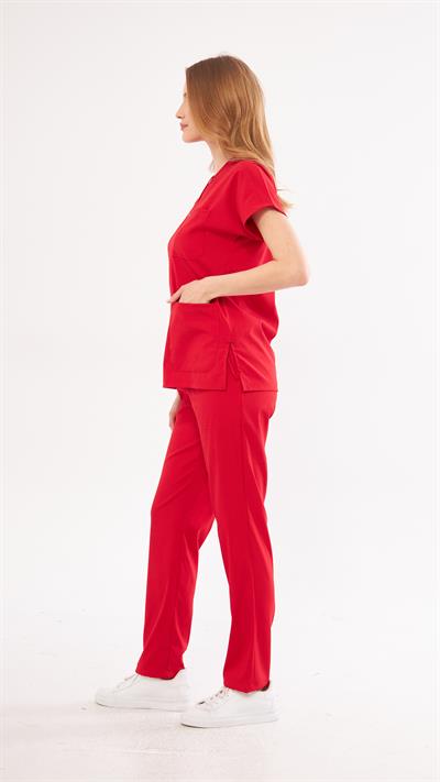 Kırmızı Greys Likralı Scrubs Takım 