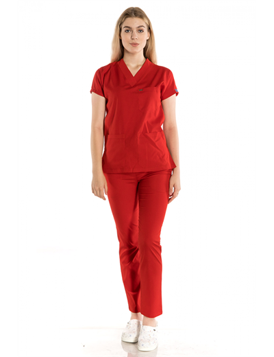 Kırmızı Likralı Greys Tek Üst Scrubs