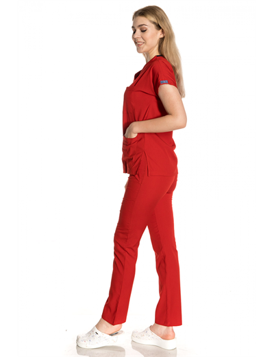 Kırmızı Likralı Greys Tek Üst Scrubs