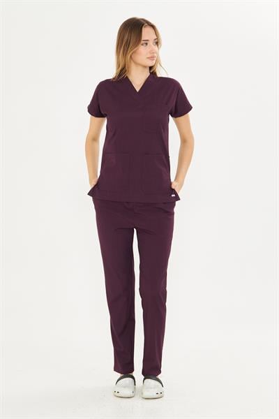 Patlıcan Moru Likralı Greys Scrubs Takım