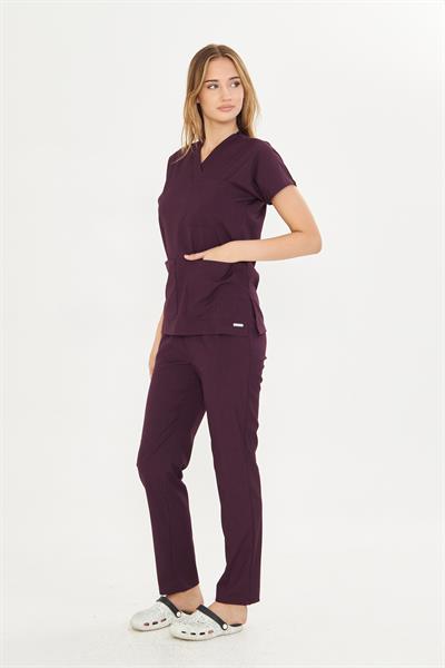 Patlıcan Moru Likralı Greys Scrubs Takım