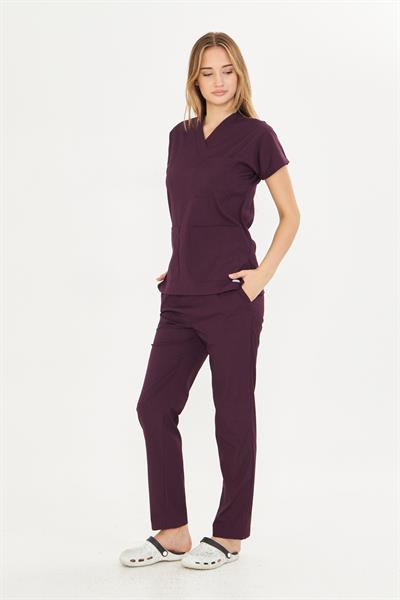 Patlıcan Moru Likralı Greys Scrubs Takım