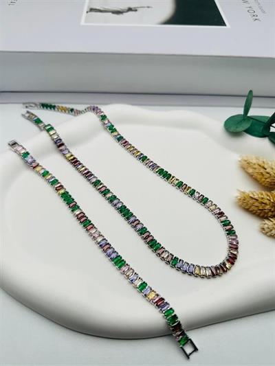 0106235 Renkli Baget Taşlı Zirkon Kolye (Gümüş)