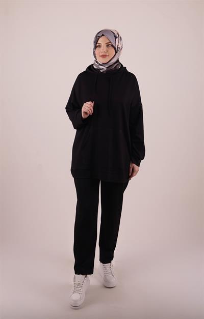 Emma Kapşonlu Modal Likralı Siyah Eşofman Takımı