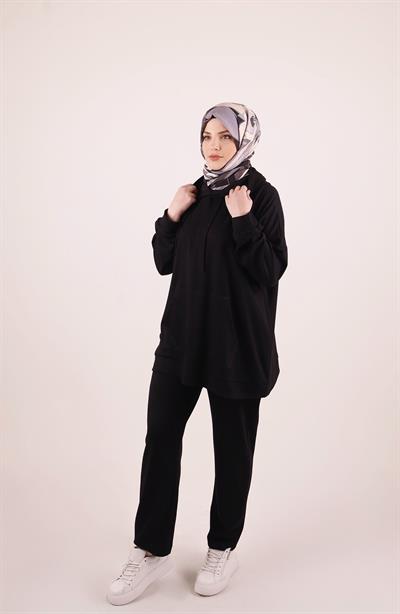 Emma Kapşonlu Modal Likralı Siyah Eşofman Takımı