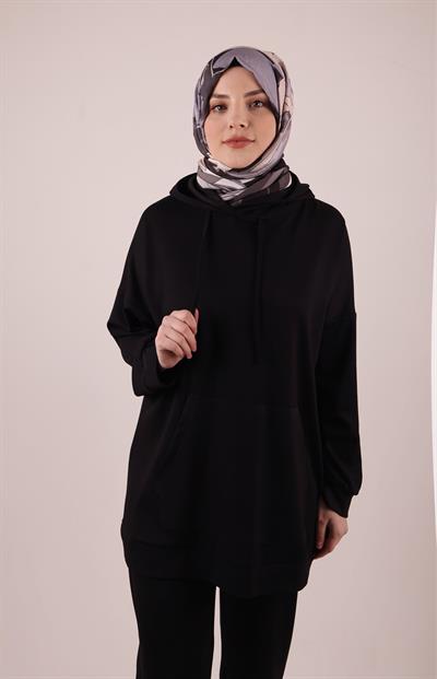 Emma Kapşonlu Modal Likralı Siyah Eşofman Takımı