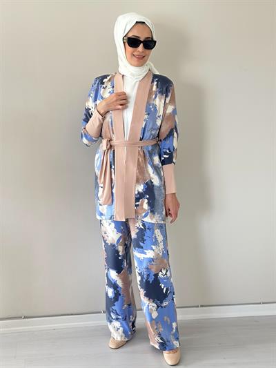 Evan Shine Bej  Fırça Desen  Kimono Pantolon Takım