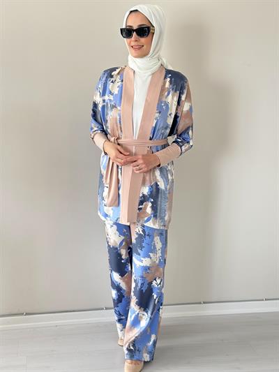 Evan Shine Bej  Fırça Desen  Kimono Pantolon Takım