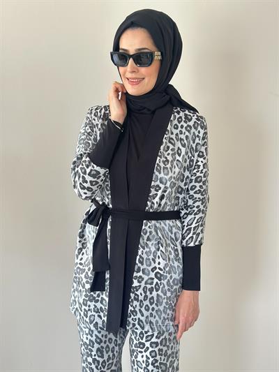 Evan Shine Gri  Leopar Kimono Pantolon Takım