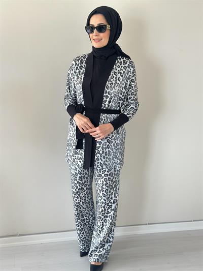 Evan Shine Gri  Leopar Kimono Pantolon Takım