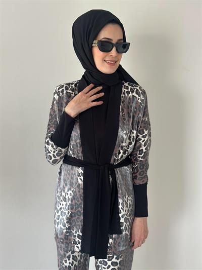 Evan Shine Kahve Leopar Kimono Pantolon Takım