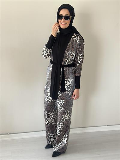 Evan Shine Kahve Leopar Kimono Pantolon Takım