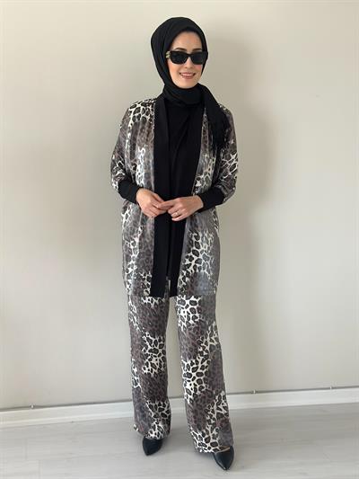 Evan Shine Kahve Leopar Kimono Pantolon Takım