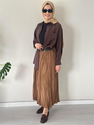 Rope Kahve Kırışık Kumaş Etek