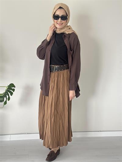 Rope Kahve Kırışık Kumaş Etek