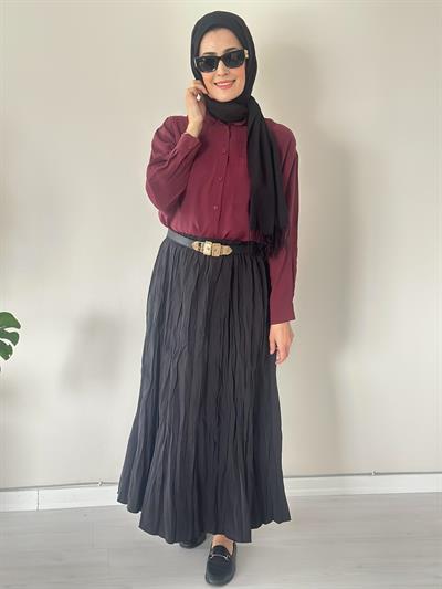 Rope Siyah Kırışık Kumaş Etek