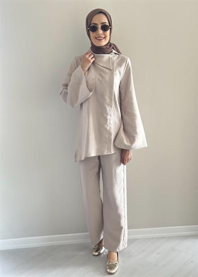 Sara  Bej Gömlek Pantolon Takım