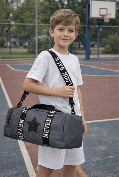 Çocuk Yıldız Baskılı Spor Çanta, Desenli Spor Çanta, Fermuarlı Detaylı Çocuk Spor Çanta Gri