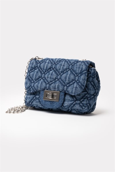 Denim Yıkamalı Kapitone Kadın Çanta, Dikişli Zincir Askılı Günlük Çanta, Kot Çanta Mavi