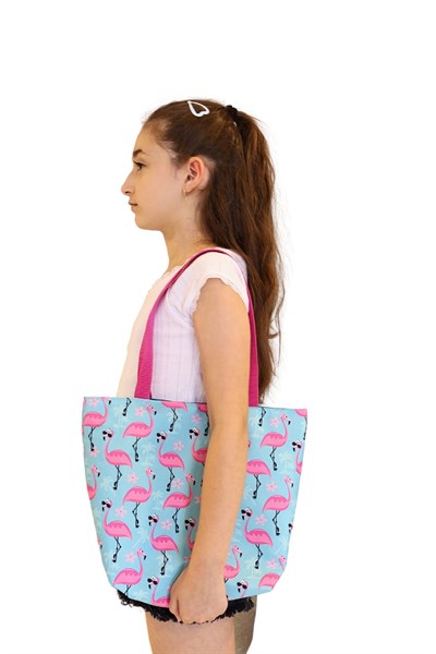 Desenli Kız Çocuk Plaj Çantası, Baskılı Çocuk Günlük Çanta Pembe Flamingo