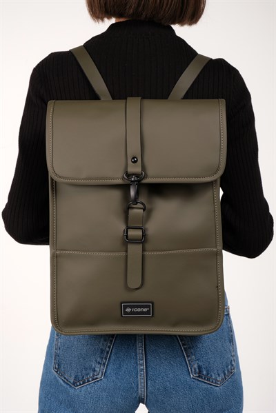 Icone Mat Suni Deri Kanca Kapamalı Sırt Çantası Haki