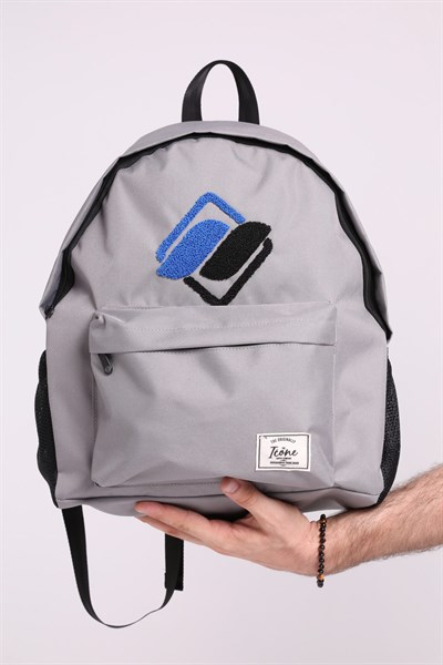 Icone Önü Nakışlı, Laptop Bölmeli Unisex Sırt Çantası, Okul Çantası Gri