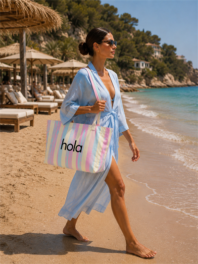 Icone Soft Renk Çizgili Baskılı Kanvas Omuz Çantası, Çizgili Plaj Çantası, Plaj Çantası, Beach Bag