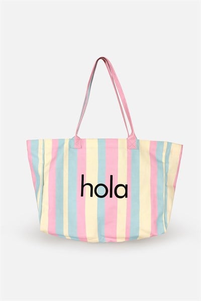 Icone Soft Renk Çizgili Baskılı Kanvas Omuz Çantası, Çizgili Plaj Çantası, Plaj Çantası, Beach Bag
