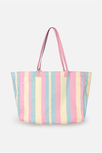 Icone Soft Renk Çizgili Baskılı Kanvas Omuz Çantası, Çizgili Plaj Çantası, Plaj Çantası, Beach Bag