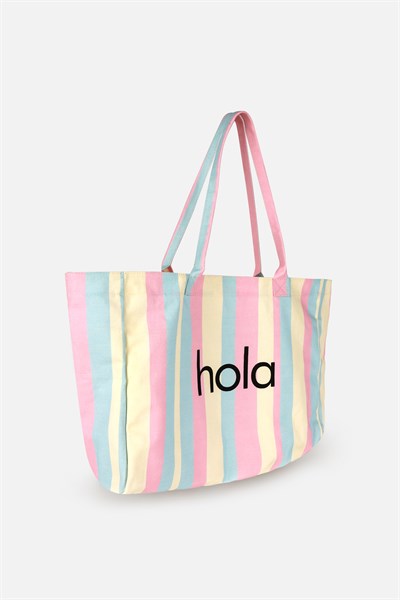 Icone Soft Renk Çizgili Baskılı Kanvas Omuz Çantası, Çizgili Plaj Çantası, Plaj Çantası, Beach Bag
