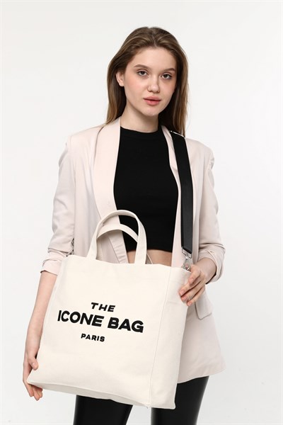 Icone The Icone Bag Paris İşlemeli Tote Kadın Kol Çantası ve Omuz Çantası Krem