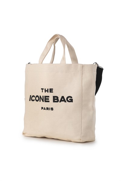 Icone The Icone Bag Paris İşlemeli Tote Kadın Kol Çantası ve Omuz Çantası Krem