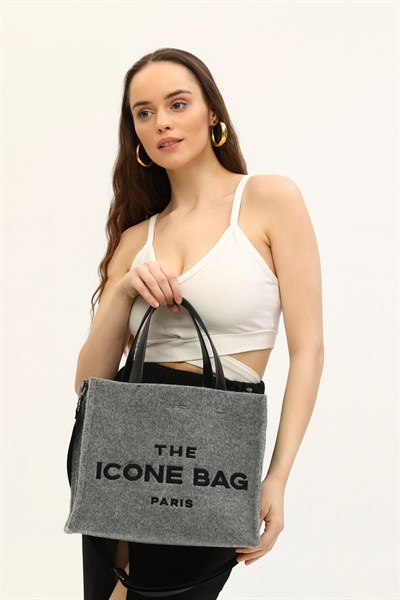 Icone The Icone Bag Paris İşlemeli Tote Kadın Kol Çantası ve Omuz Çantası Gri