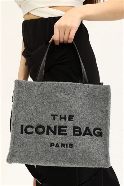 Icone The Icone Bag Paris İşlemeli Tote Kadın Kol Çantası ve Omuz Çantası Gri