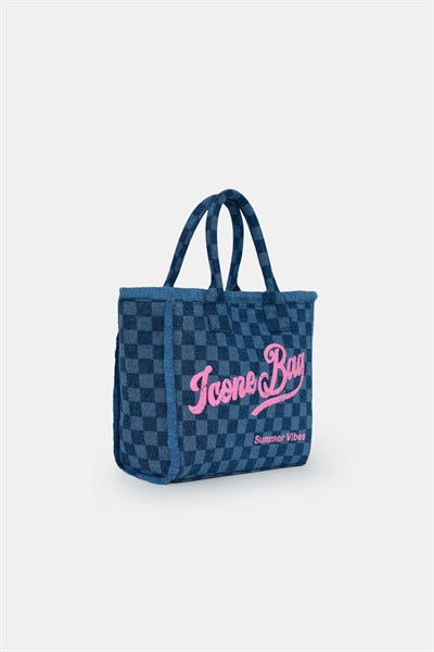Icone Yıkamalı Kanvas Püskül Detaylı Şık Günlük & Plaj Çantası Mavi Denim Dama